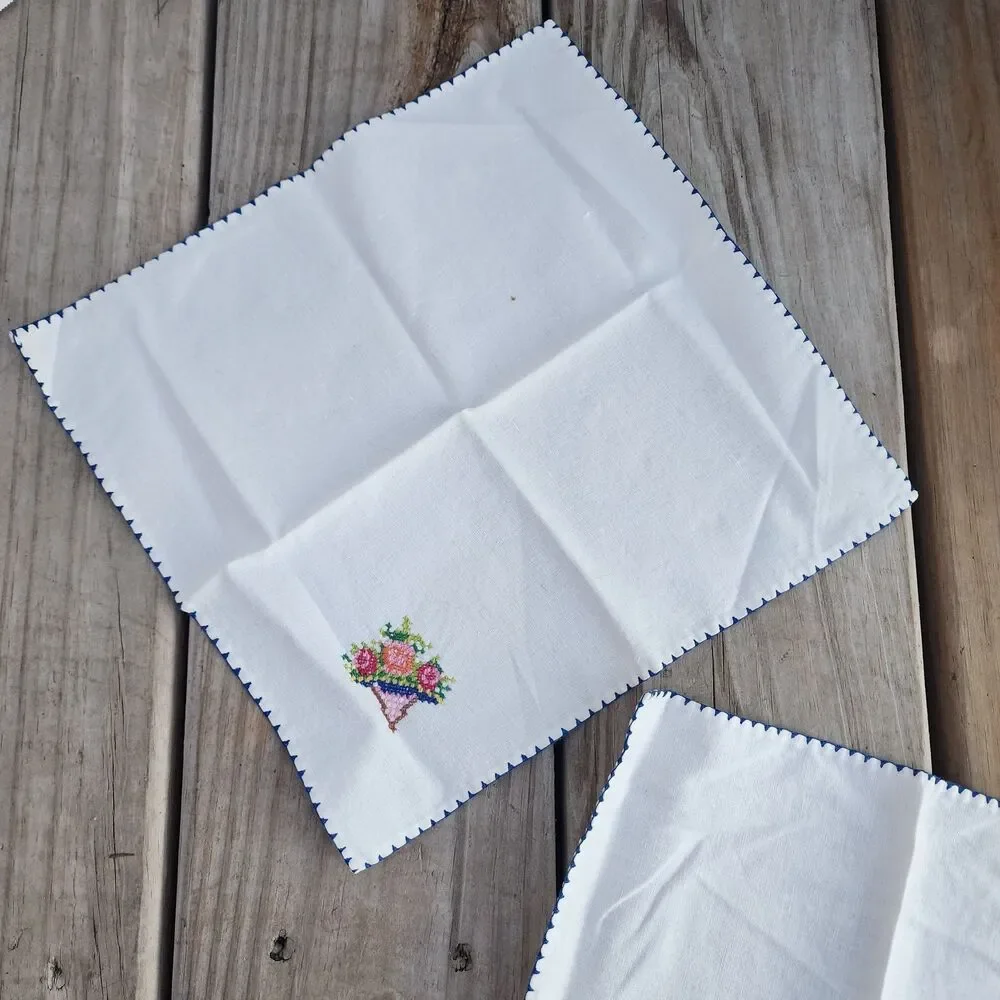 2 Vintage Cotton Handkerchief Hankie Embroidered Cross Stitch w/Flower Bouquet